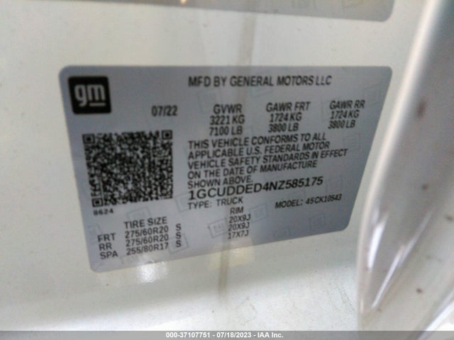 2022 CHEVROLET SILVERADO 1500 LT VIN: 1GCUDDED4NZ585175