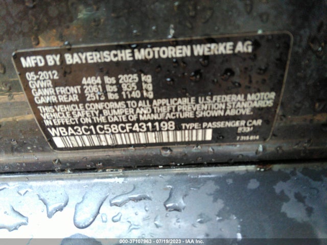 2012 BMW 3 SERIES 328I VIN: WBA3C1C58CF431198