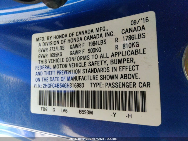 Honda Civic Coupe Lx 2016 2HGFC4B54GH316980 Image 9