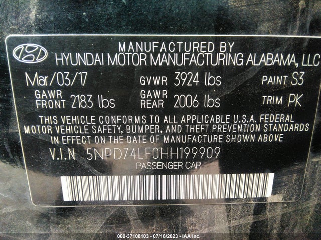 2017 HYUNDAI ELANTRA SE VIN: 5NPD74LF0HH199909
