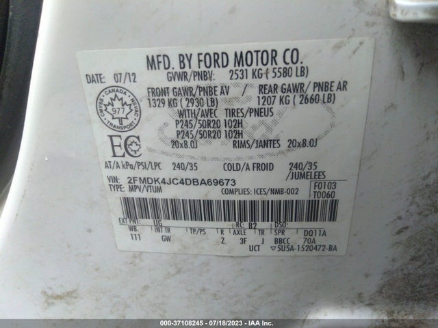 2013 FORD EDGE SEL VIN: 2FMDK4JC4DBA69673