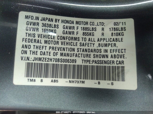 2011 HONDA INSIGHT EX VIN: JHMZE2H70BS006389