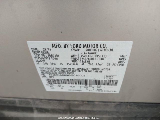 1FM5K8B89GGC63005 Ford Explorer Base