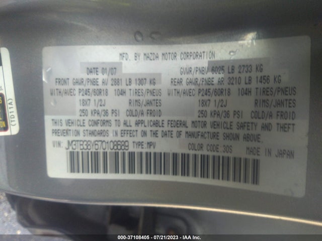 2007 MAZDA CX-9 SPORT VIN: JM3TB38Y670108689