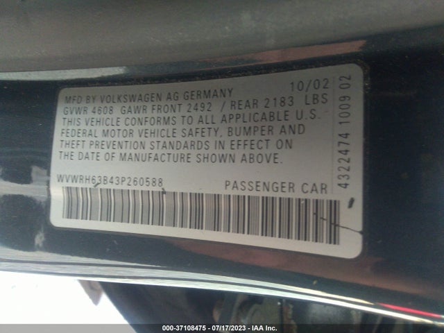 2003 VOLKSWAGEN PASSAT GLX VIN: WVWRH63B43P260588