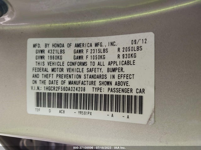 2013 HONDA ACCORD SPORT VIN: 1HGCR2F56DA024208