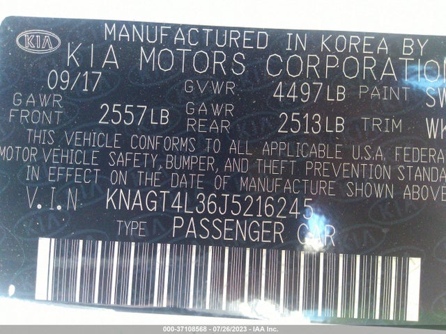 2018 KIA OPTIMA LX VIN: KNAGT4L36J5216245