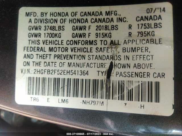 Honda Civic Sedan Lx 2014 2HGFB2F52EH541364 Image 9