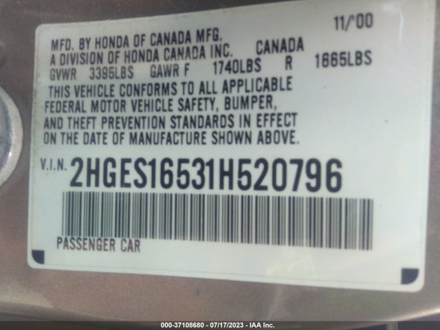 2001 HONDA CIVIC LX VIN: 2HGES16531H520796
