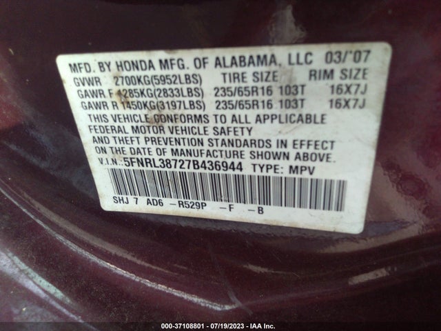 2007 HONDA ODYSSEY EX-L VIN: 5FNRL38727B436944
