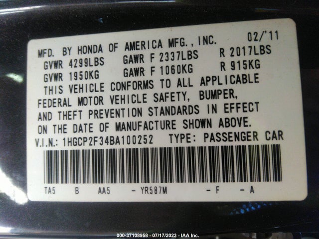 2011 HONDA ACCORD SDN LX VIN: 1HGCP2F34BA100252