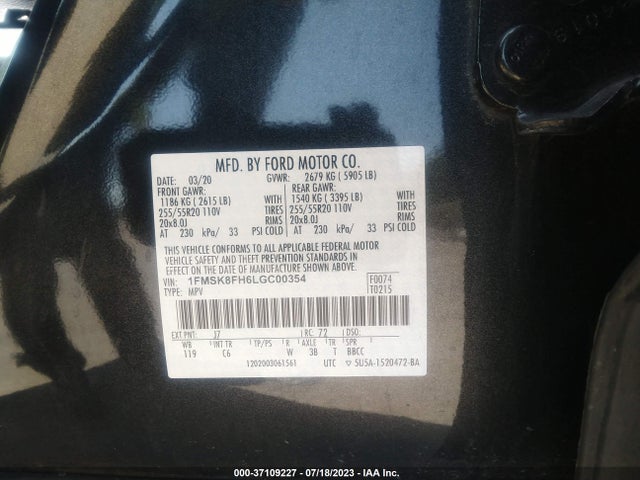 2020 FORD EXPLORER LIMITED VIN: 1FMSK8FH6LGC00354
