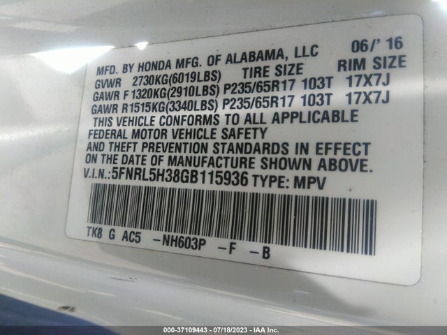 Honda ODYSSEY SE 2016 5FNRL5H38GB115936 Image 9