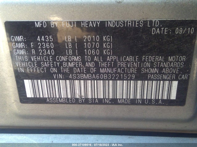 2011 SUBARU LEGACY 2.5I VIN: 4S3BMBA60B3221529