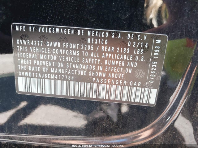 2014 VOLKSWAGEN JETTA 1.8T SE VIN: 3VWD17AJ6EM417784