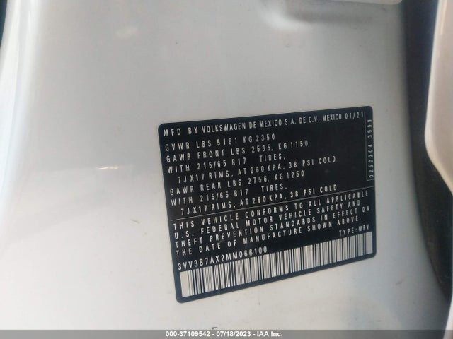 3VV3B7AX2MM066100 Volkswagen Tiguan Se/se R-line Black/sel