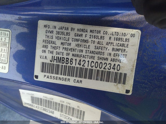 2001 HONDA PRELUDE VIN: JHMBB61421C002340