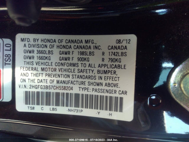 2012 HONDA CIVIC CPE LX VIN: 2HGFG3B57CH558204