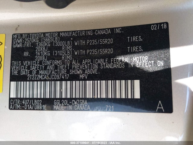 2T2ZZMCA5JC097417 Lexus Rx Rx 350
