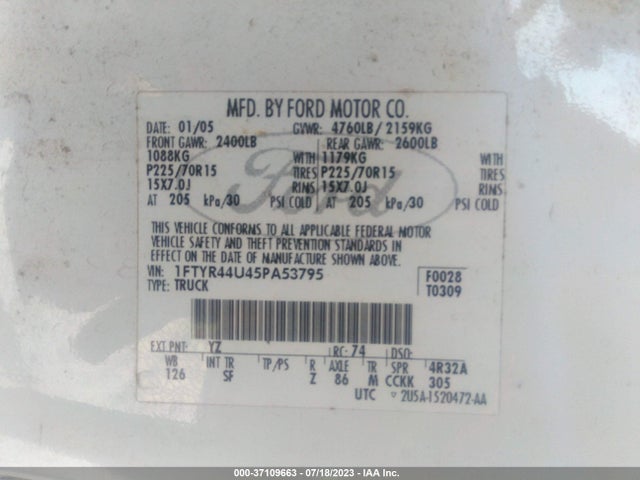 2005 FORD RANGER XLT/EDGE/STX VIN: 1FTYR44U45PA53795
