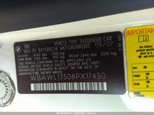 2008 BMW 3 SERIES 328I VIN: WBAWL13508PX17450