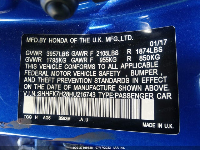 Honda Civic Hatchback Lx 2017 SHHFK7H28HU216743 Image 9