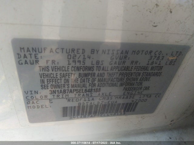 2014 NISSAN SENTRA S/FE+ S/SV/FE+ SV/SR/SL VIN: 3N1AB7AP5EL648188