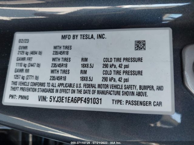 5YJ3E1EA6PF491031 Tesla MODEL 3