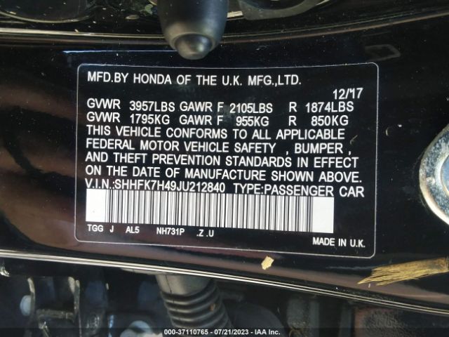 SHHFK7H49JU212840 Honda Civic Hatchback Sport