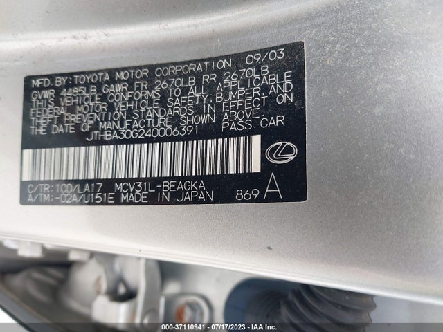 37110941 :رقم المزاد ، JTHBA30G240006391 vin ، 2004 Lexus Es 330 مزاد بيع