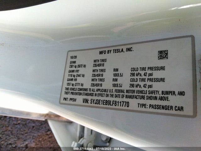 Tesla Model 3 Long Range 2020 5YJ3E1EB9LF811770 Image 9