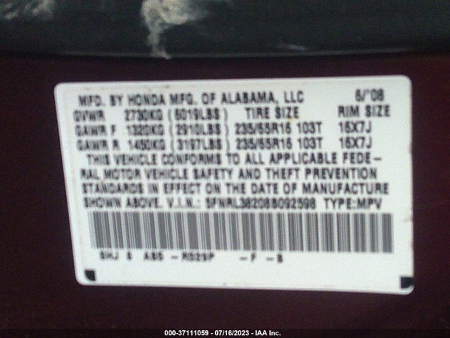 2008 HONDA ODYSSEY LX VIN: 5FNRL38208B092598