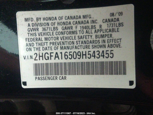 2009 HONDA CIVIC SDN LX VIN: 2HGFA16509H543455