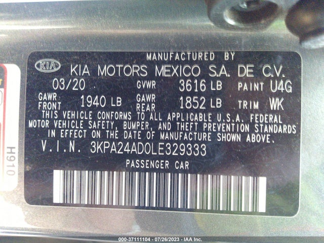 2020 KIA RIO S VIN: 3KPA24AD0LE329333