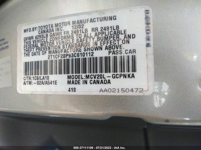 2003 TOYOTA CAMRY SOLARA SE/SLE VIN: 2T1CF28P93C610112