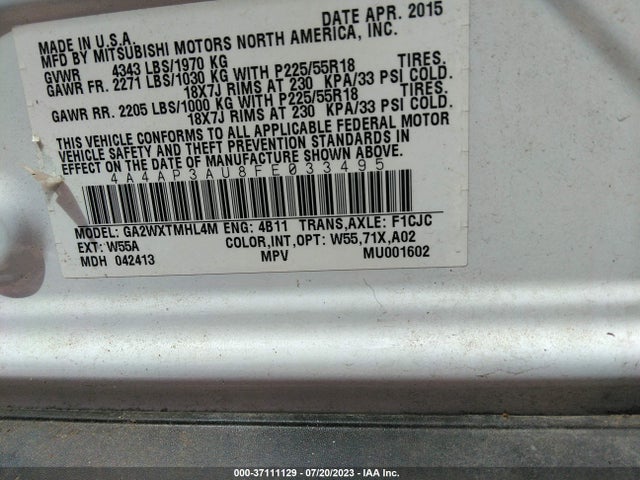 4A4AP3AU8FE033495 Mitsubishi Outlander Sport Es