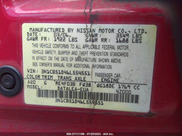 2006 NISSAN SENTRA 1.8 S VIN: 3N1CB51D46L554551