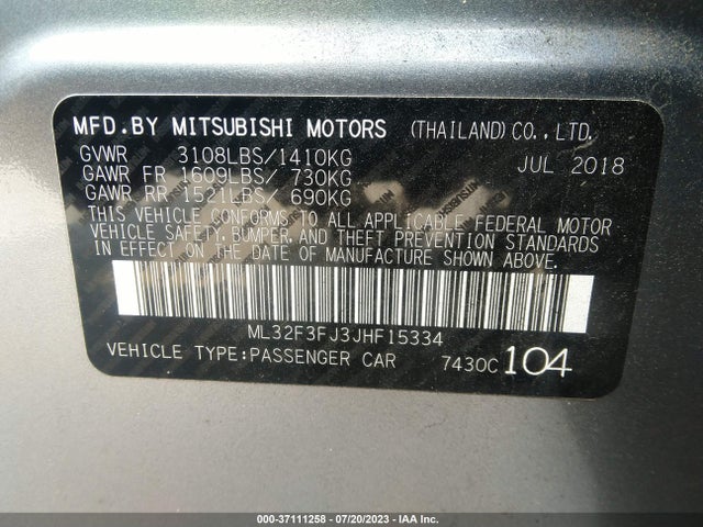 2018 MITSUBISHI MIRAGE G4 ES VIN: ML32F3FJ3JHF15334