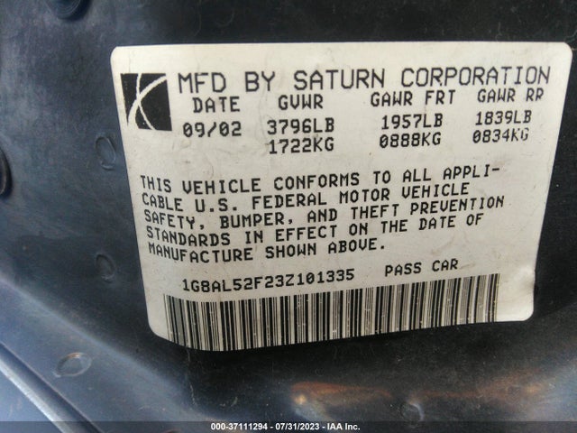 2003 SATURN ION ION 3 VIN: 1G8AL52F23Z101335