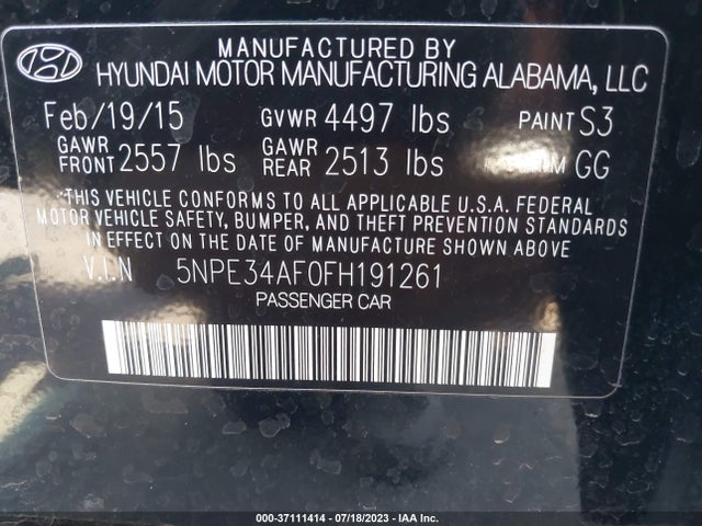 2015 HYUNDAI SONATA 2.4L SPORT VIN: 5NPE34AF0FH191261
