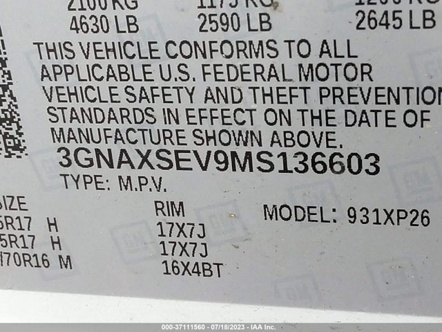 Chevrolet Equinox Awd Ls 2021 3GNAXSEV9MS136603 Image 9