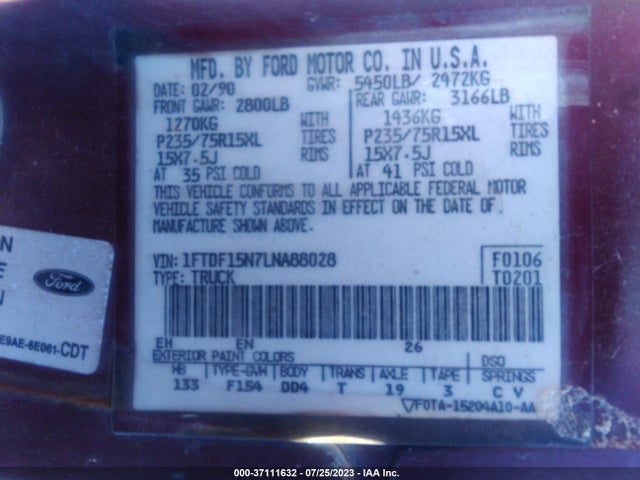 1990 FORD F150 VIN: 1FTDF15N7LNA88028