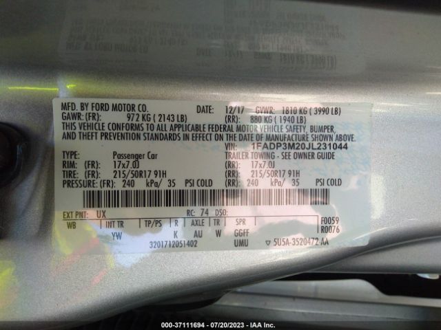 1FADP3M20JL231044 Ford FOCUS SEL