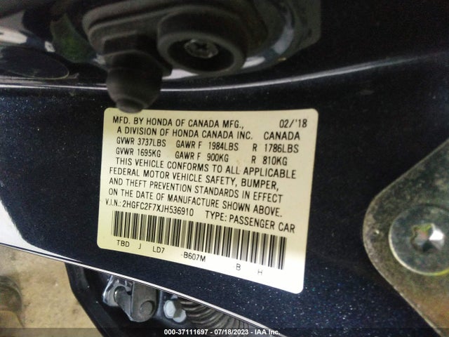 Honda Civic Sedan Ex 2018 2HGFC2F7XJH536910 Image 9