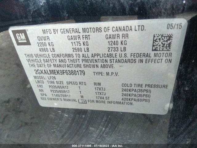 GMC Terrain Sle 2015 2GKALMEK9F6380179 Image 9