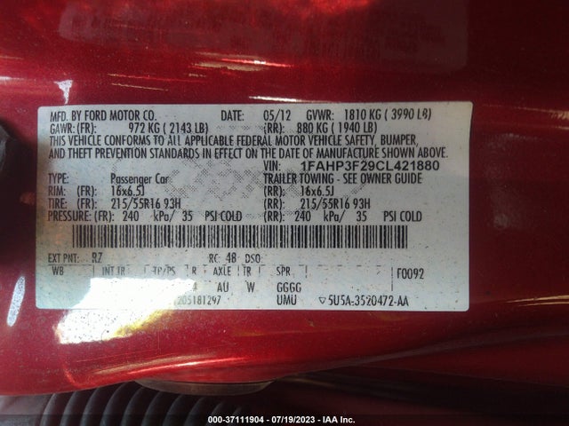 2012 FORD FOCUS SE VIN: 1FAHP3F29CL421880