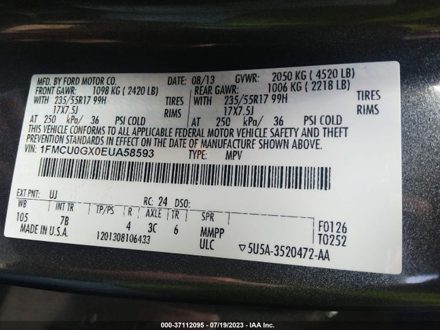 2014 FORD ESCAPE SE VIN: 1FMCU0GX0EUA58593