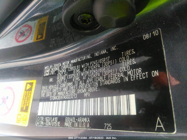 2010 TOYOTA HIGHLANDER SE VIN: 5TDKK3EH7AS023213