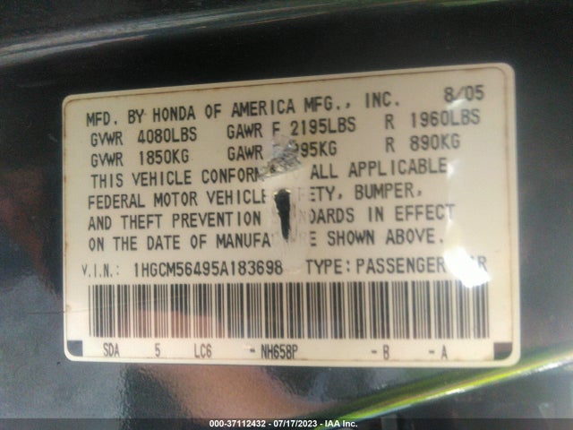 2005 HONDA ACCORD SDN LX VIN: 1HGCM56495A183698