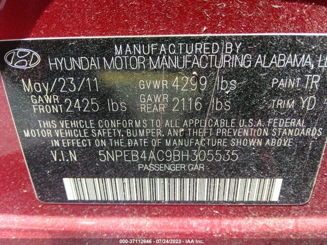 2011 HYUNDAI SONATA GLS PZEV VIN: 5NPEB4AC9BH305535